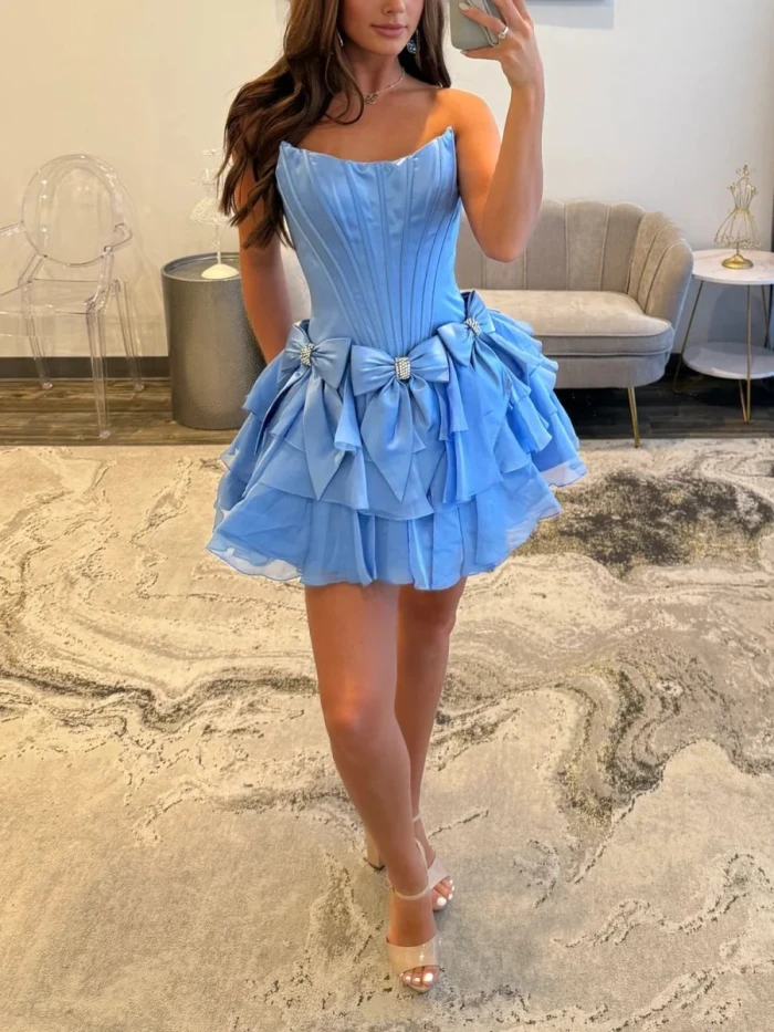 Izara | Periwinkle - A Line Scoop Neck Ruffles Corset Homecoming Dresses with Bows