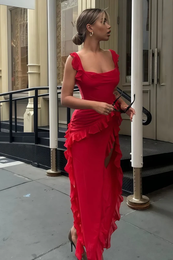 Hopkins | Red - Square Neck Sheath Satin Ruffled Prom Dresses With Slit