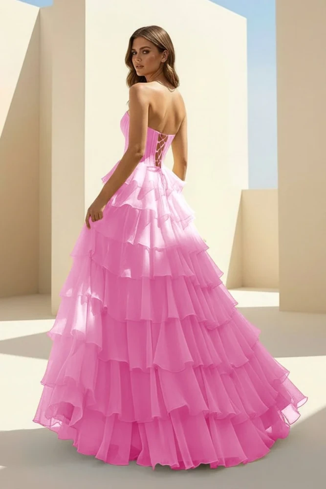 Haliah | Pink - Strapless A Line Chiffon Tiered Prom Dresses With Appliques
