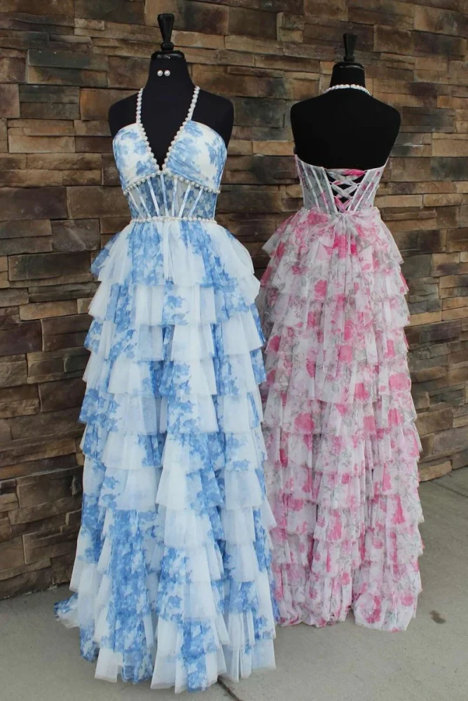 Inari | Blue – A Line Floral Tulle Halter Long Prom Dress with Ruffles and Beading