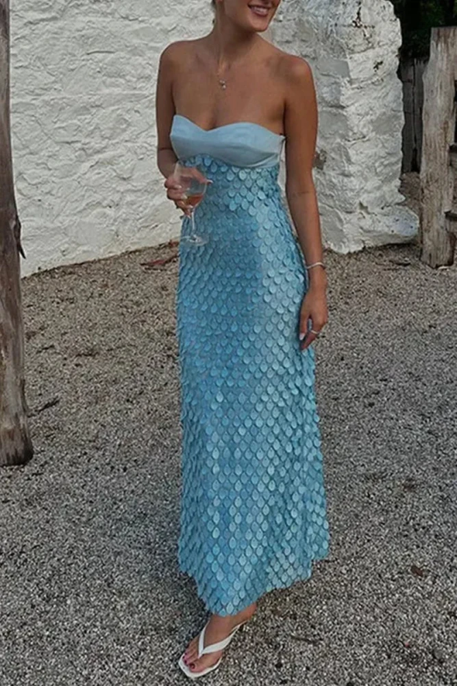 Islen | Blue - Sheath Strapless Long Prom Dresses with Sequins