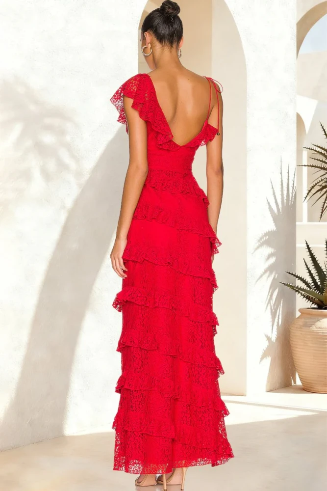 Iverie | Red Sheath V Neck Lace Long Prom Dresses With Ruffles