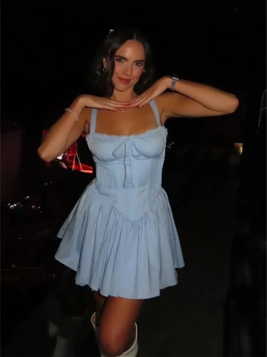 Graye | Blue - Square Neck A Line Satin Homecoming Dresses With Bow