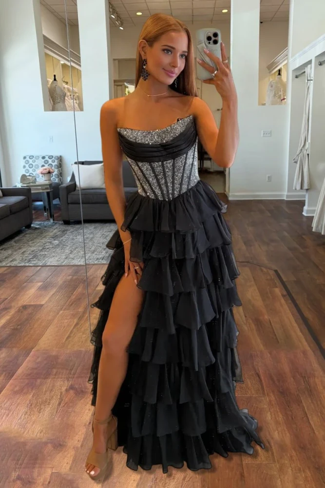 Hanya | Black - A Line Strapless Chiffon Beaded Corset Long Prom Dress With Slit