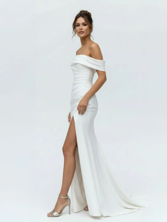 Hathaway | Mermaid Satin Off-the-Shoulder Sheath Wedding Dress with Zipper and Slit