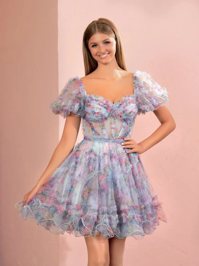 Ivana | Sky Blue A Line Off the Shoulder Printed Homecoming Dress