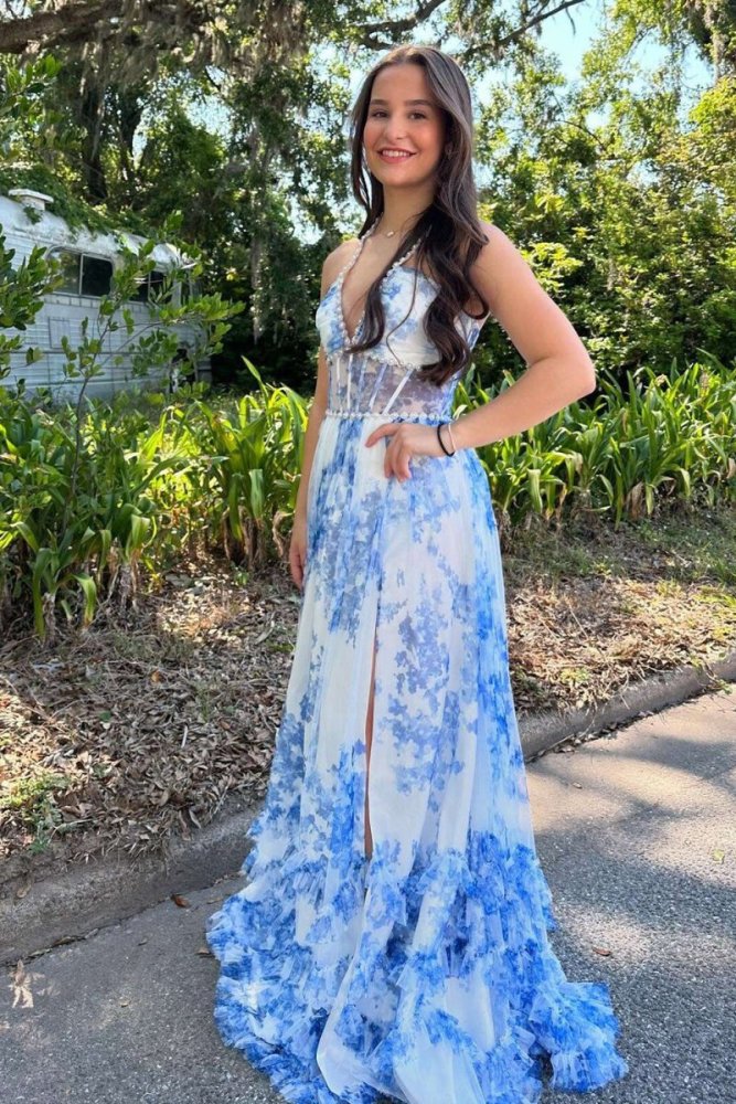Heraldine | Pink - Halter A Line Floral Chiffon Ruffled Formal Prom Dresses With Beading