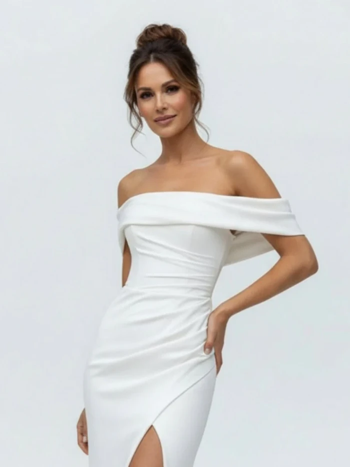 Hathaway | Mermaid Satin Off-the-Shoulder Sheath Wedding Dress with Zipper and Slit