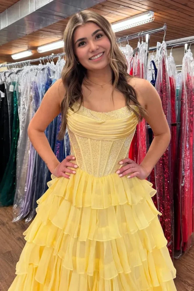 Hanya | Yellow - A Line Strapless Chiffon Beaded Corset Long Prom Dress With Slit