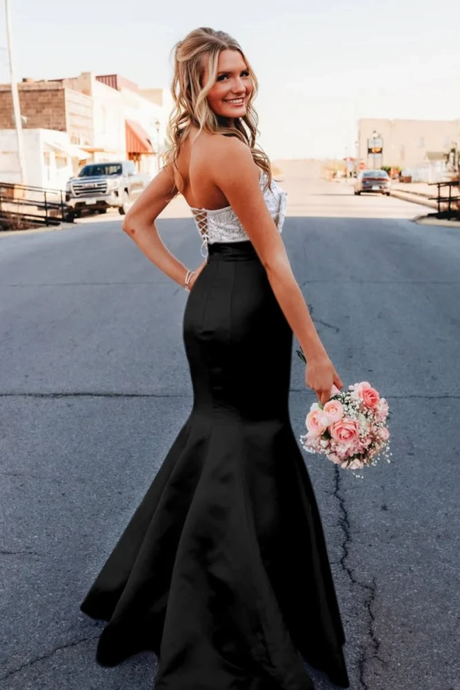 Gwenny | Pink - Mermaid Satin Strapless Long Prom Dresses with Beaded Bow