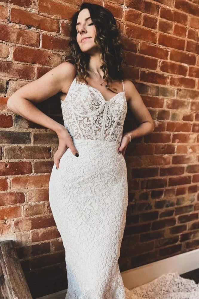 Goldie | White Lace Sweetheart Sleeveless Mermaid Long Wedding Dress