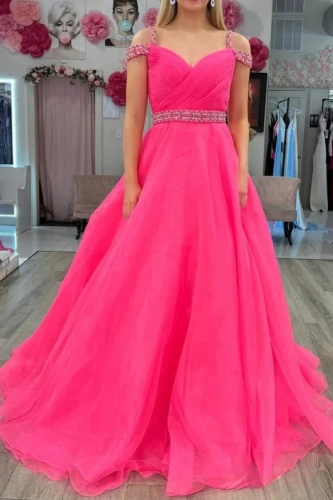 Hot Pink Beaded Cold-Shoulder A-Line Prom Dress