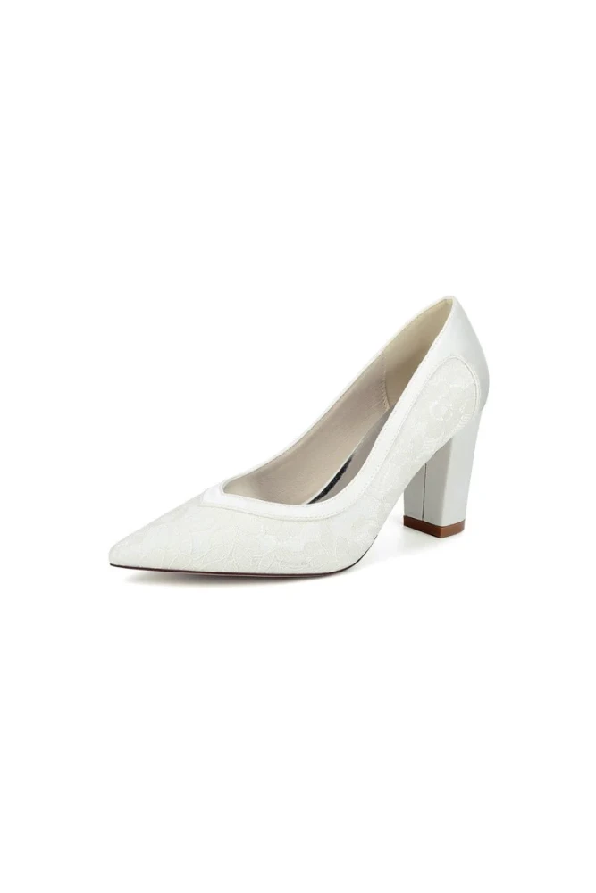 Ivory Lace High Heels with Wooden Heel