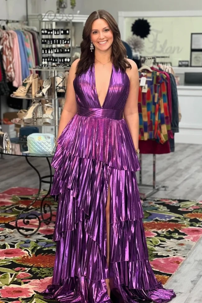 Ingemar | Purple Metallic A-Line Tiered V-Neck Sleeveless Prom Dress With Slit