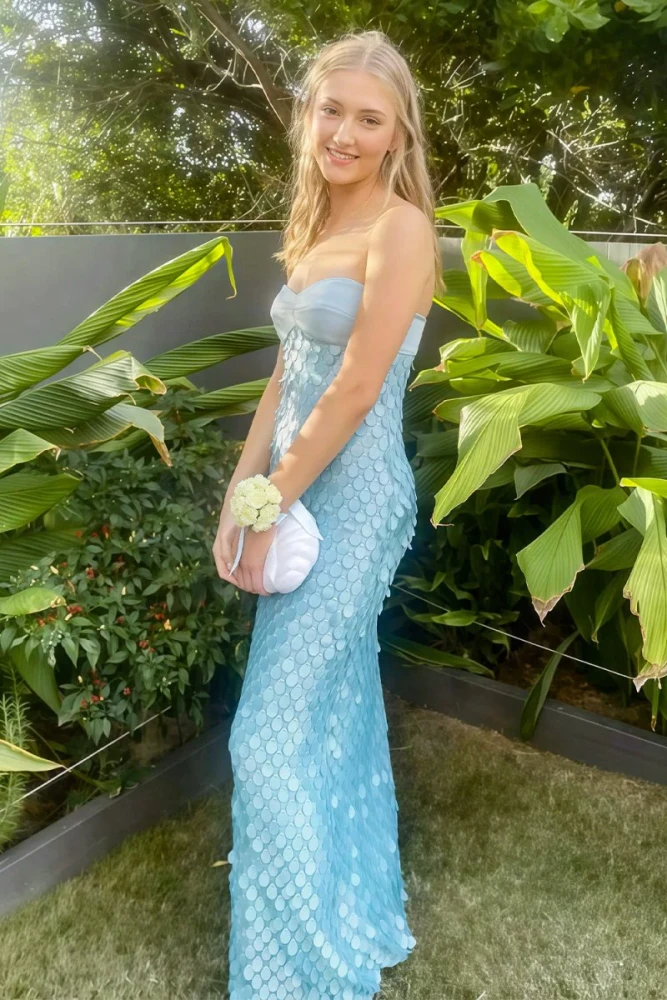 Islen | Blue - Sheath Strapless Long Prom Dresses with Sequins
