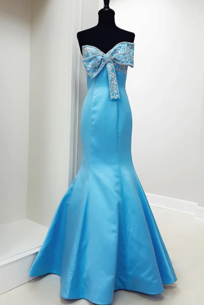 Gwenny | Pink - Mermaid Satin Strapless Long Prom Dresses with Beaded Bow