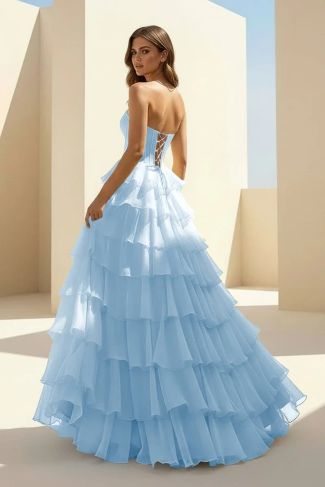 Haliah | Pink - Strapless A Line Chiffon Tiered Prom Dresses With Appliques