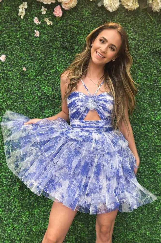 Hera | Straps Purple Floral Print Keyhole Ruffle Homecoming Dress