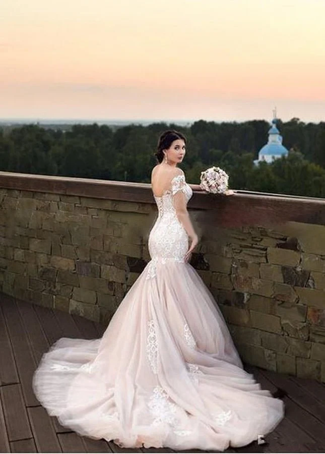 Gorgeous Mermaid Appliqued Lace Tulle Bridal Gowns With Lace-up Back