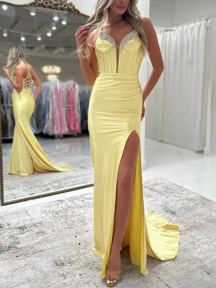 Ingris |  Fuchsia Mermaid V Neck Satin Long Prom Dresses with Beading