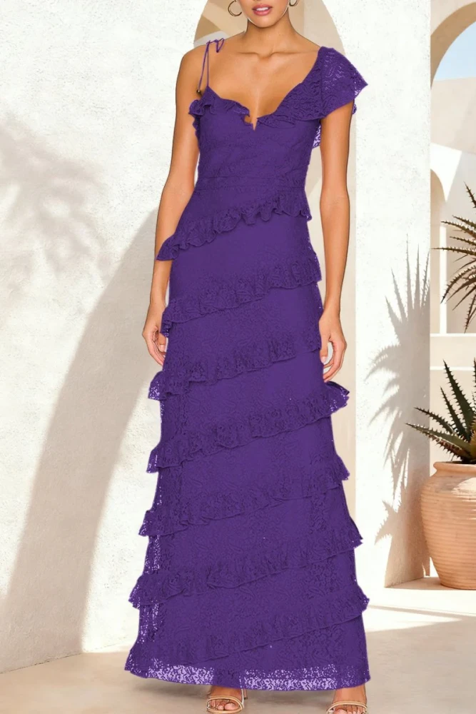 Iverie | Red Sheath V Neck Lace Long Prom Dresses With Ruffles
