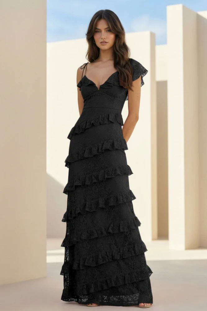 Iverie | Red Sheath V Neck Lace Long Prom Dresses With Ruffles