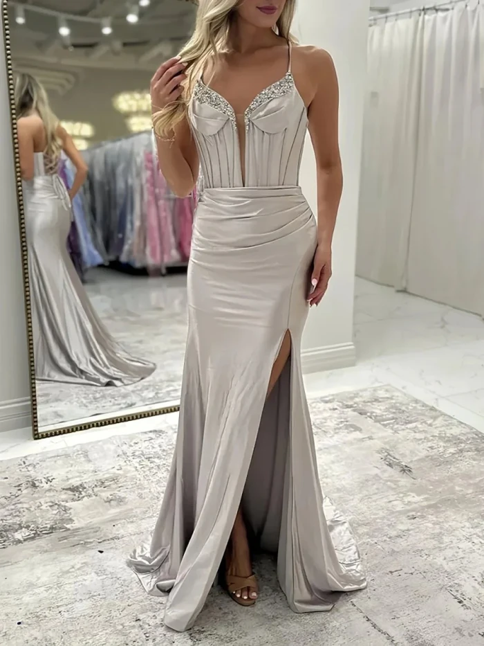 Ingris |  Fuchsia Mermaid V Neck Satin Long Prom Dresses with Beading