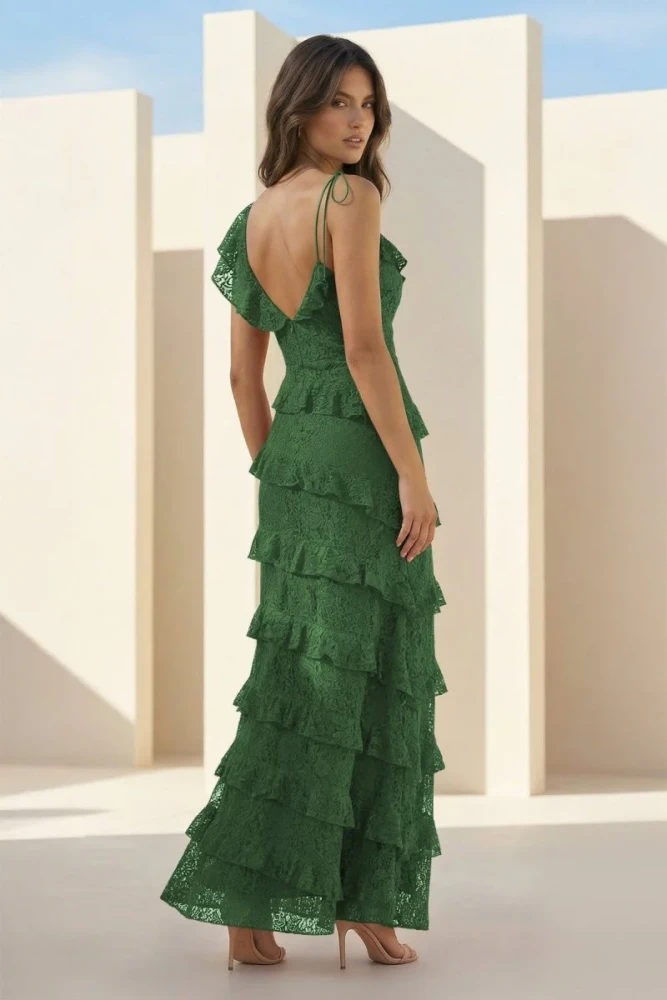Iverie | Red Sheath V Neck Lace Long Prom Dresses With Ruffles