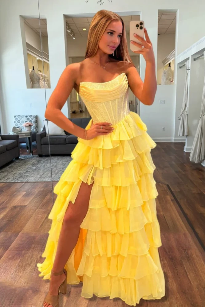 Hanya | Yellow - A Line Strapless Chiffon Beaded Corset Long Prom Dress With Slit