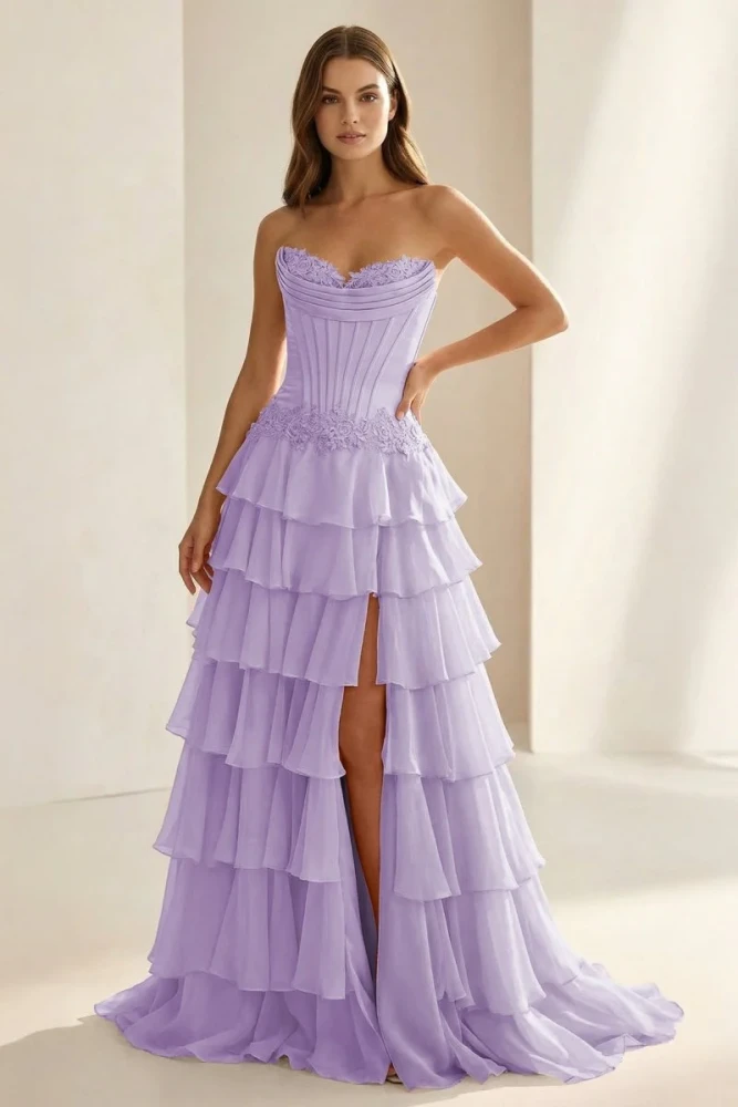 Jaleira | Pink - Sweetheart Chiffon Ruffled A Line Formal Prom Dresses With Appliques