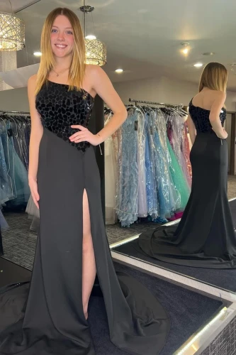 Harlow | Light Blue Cut Glass Mirror One-Shoulder Trumpet Long Formal Dress with Slit