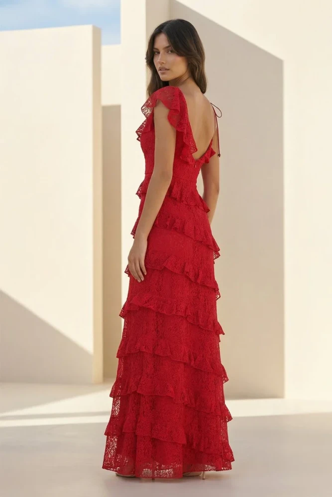 Iverie | Red Sheath V Neck Lace Long Prom Dresses With Ruffles