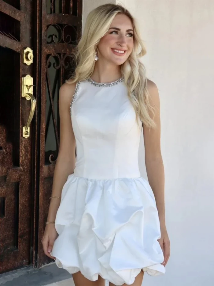 Hayla | White Jewel Neck Beaded Sleeveless Ruffle Homecoming Dress