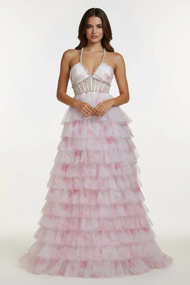 Inari | Pink – A Line Floral Tulle Halter Long Prom Dress with Ruffles and Beading