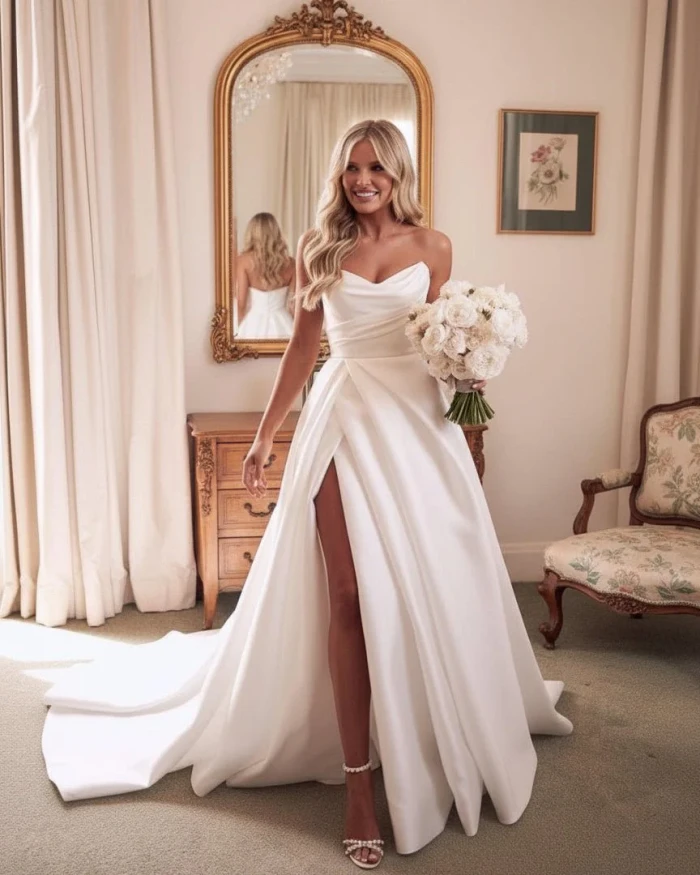 Janalee | A-Line White Sleeveless Satin Wedding Dress With Side Slit