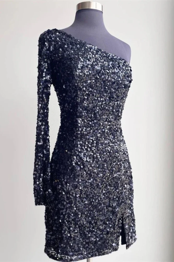 Gwendolyn | Black Bodycon One-Shoulder Sequins Mini Party Dresses