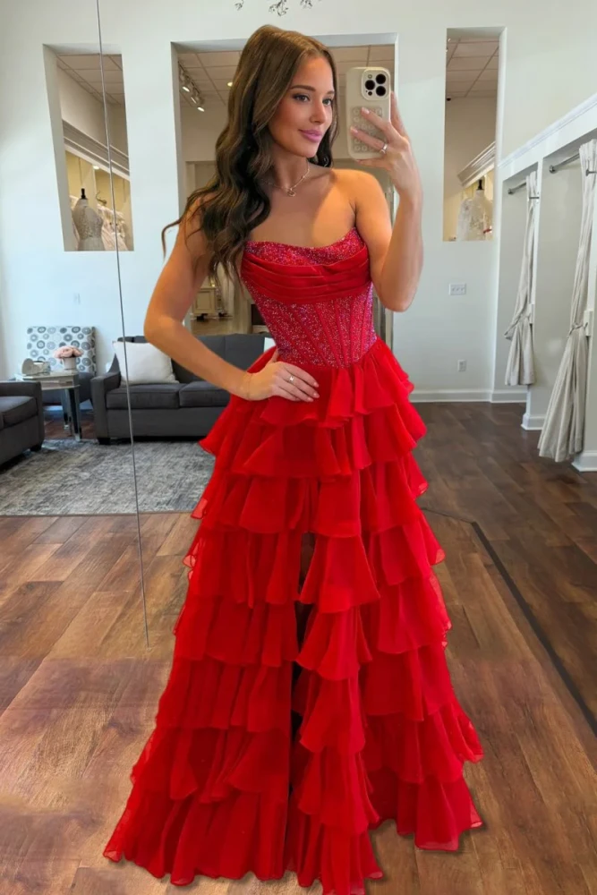 Hanya | Red - A Line Strapless Chiffon Beaded Corset Long Prom Dress With Slit