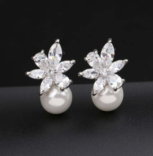 Austrian Imitation Pearl Snow Flower Bridal CZ Stud Earrings