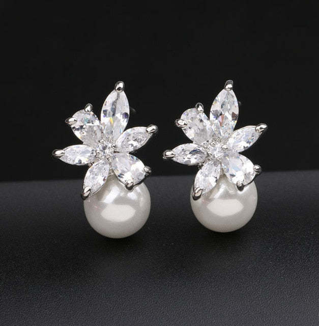Austrian Imitation Pearl Snow Flower Bridal CZ Stud Earrings