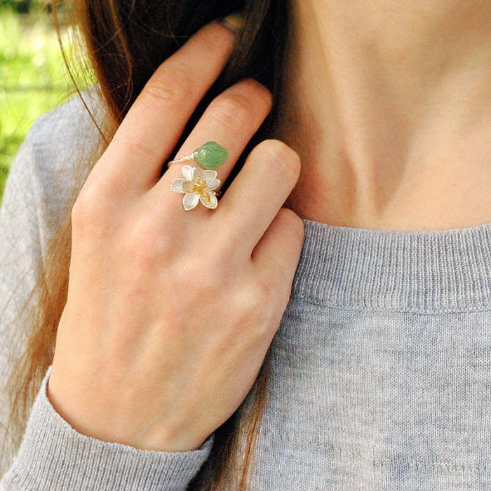 Authentic 925 Sterling Silver with Natural Aventurine Gemstone Rings