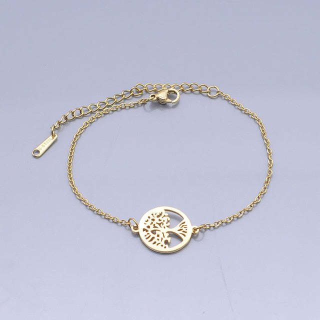 100% Stainless Steel Dainty Round Tree Of Life Charm Bracelet