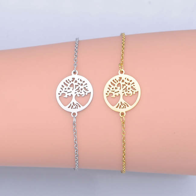 100% Stainless Steel Dainty Round Tree Of Life Charm Bracelet