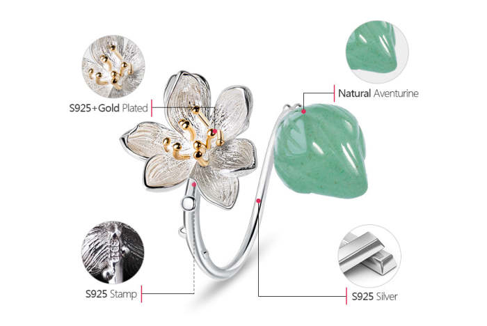 Authentic 925 Sterling Silver with Natural Aventurine Gemstone Rings