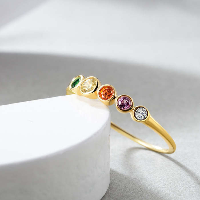925 Sterling Silver Rainbow Gemstones Ring for Women 14K Gold Plated