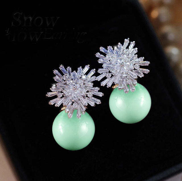 Austrian Imitation Pearl Snow Flower Bridal CZ Stud Earrings