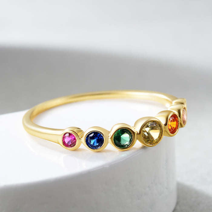 925 Sterling Silver Rainbow Gemstones Ring for Women 14K Gold Plated
