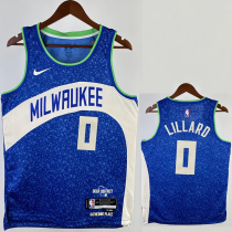 23-24 BUCKS LILLARD #0 Blue City Edition Top Quality Hot Pressing NBA Jersey(V领)