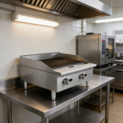 Integrated double side burner for outdoor BBQ islands