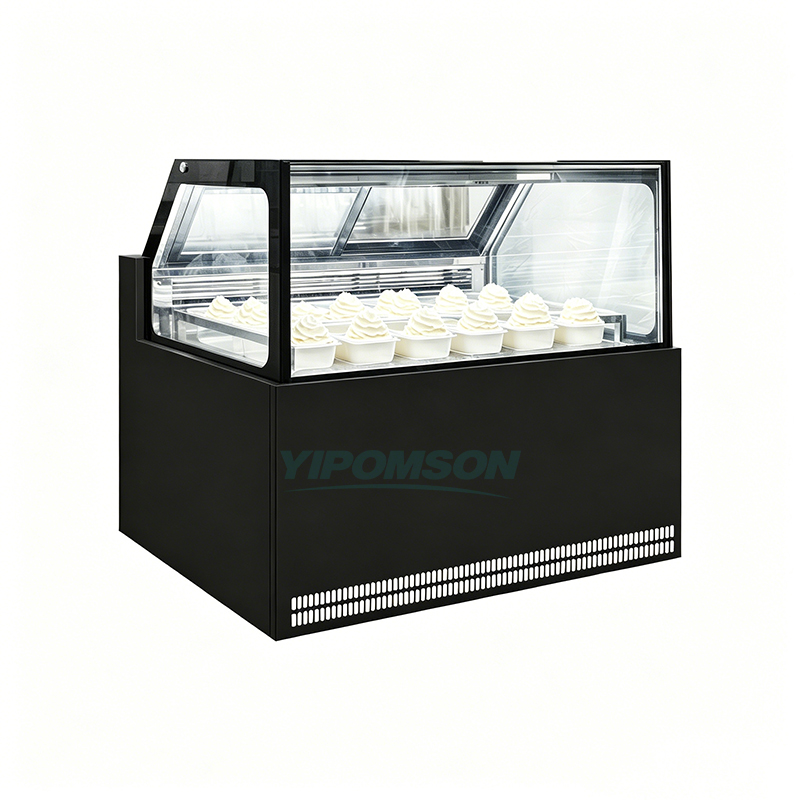 black curved glass ice cream showcase