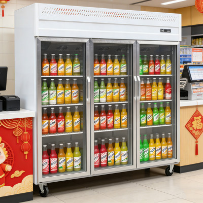 Triple door glass commercial beverage fridge for store
